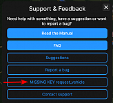 "MISSING KEY request_vehicle" on support & feedback dialog